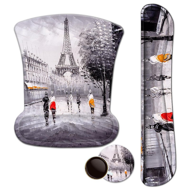 iVeze Mouse Pad with Wrist Support and Keyboard Wrist Rest Pad Set,Ergonomic Mouse Pads for Computers Laptop,Non-Slip Comfortable Mousepad w/Raised Memory Foam for Easy Typing Pain Relief (Eiffel Tower) - Image 1